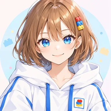 ツミキのアイコン：赤・青・黄の積み木ヘアピンをつけた、白いパーカーの女の子（画像生成AIで作成）